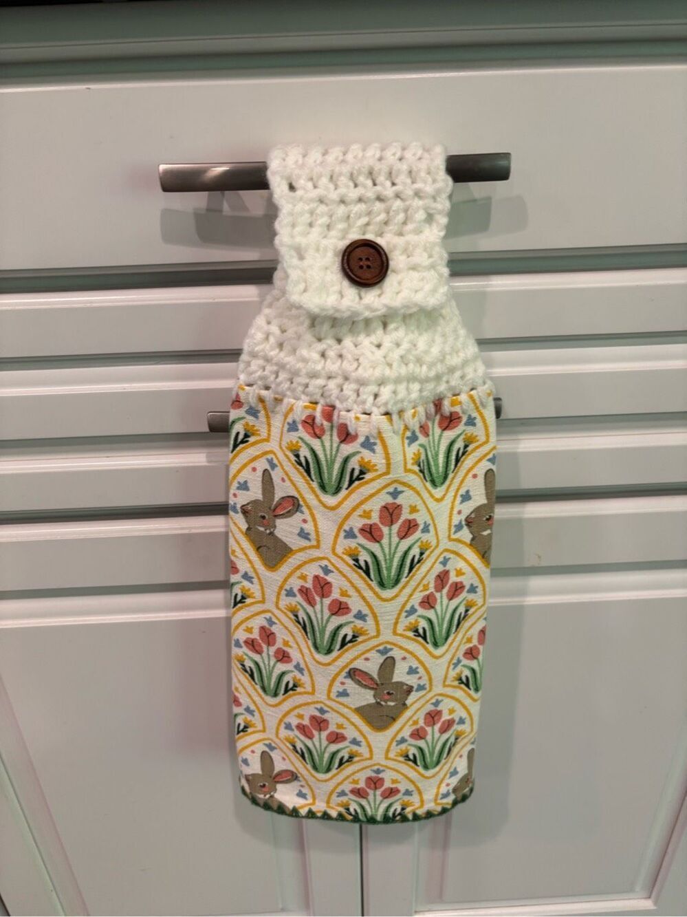 Crochet Top Kitchen Towel-Bunnies with flowers